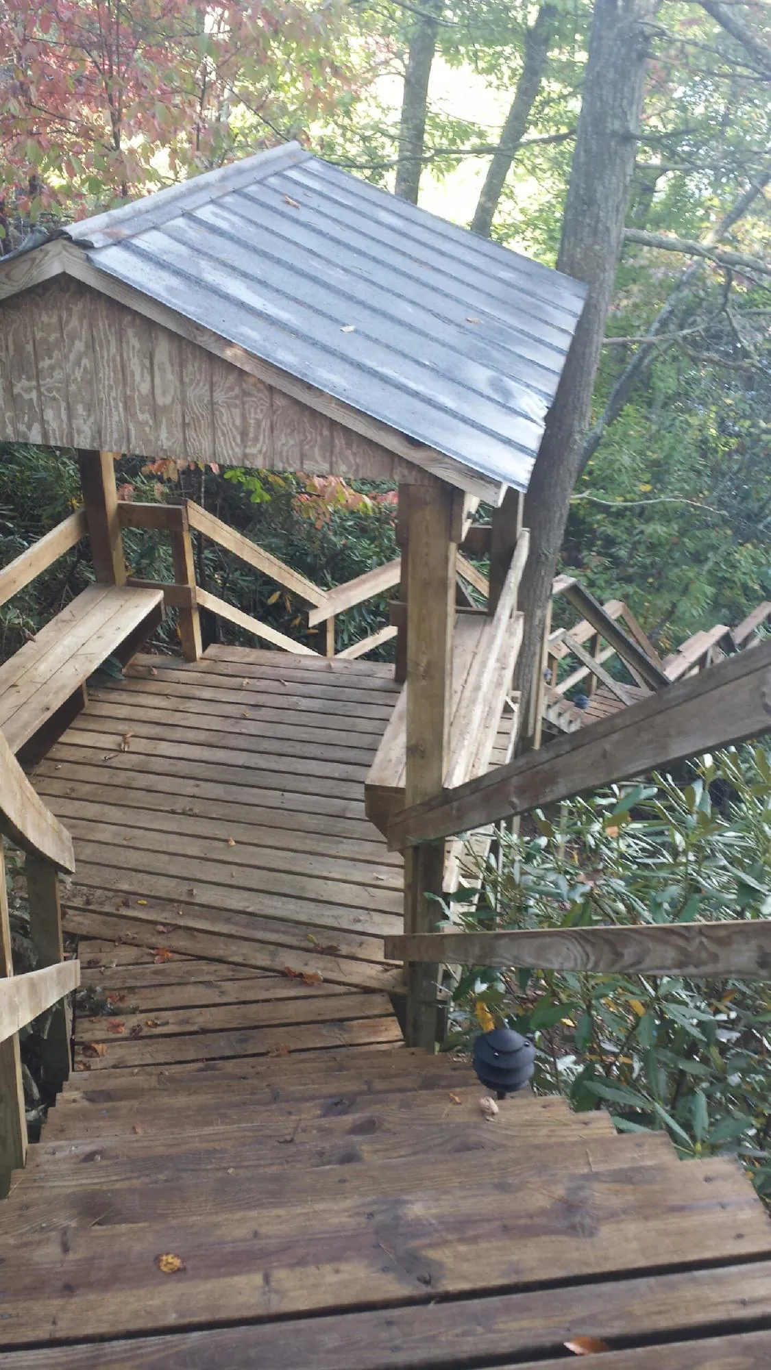 Metal roofed shelter over wooden steps on a wooded walkway — Skylight Repair & Installation work by our crew in Kingsley